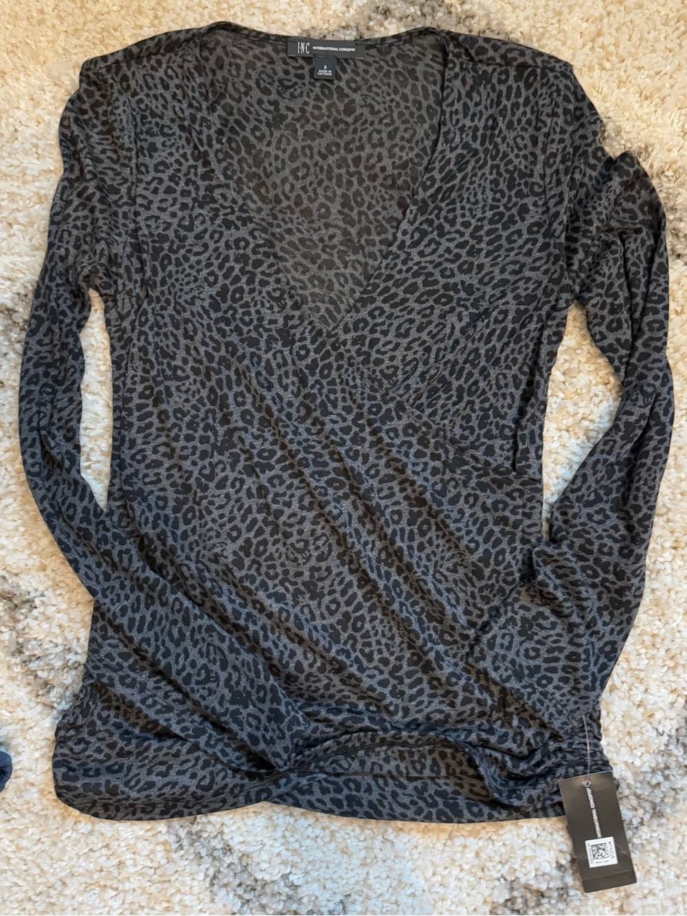 INC International Concepts Black and Gray Leopard Wrap Long Sleeve Top Size S